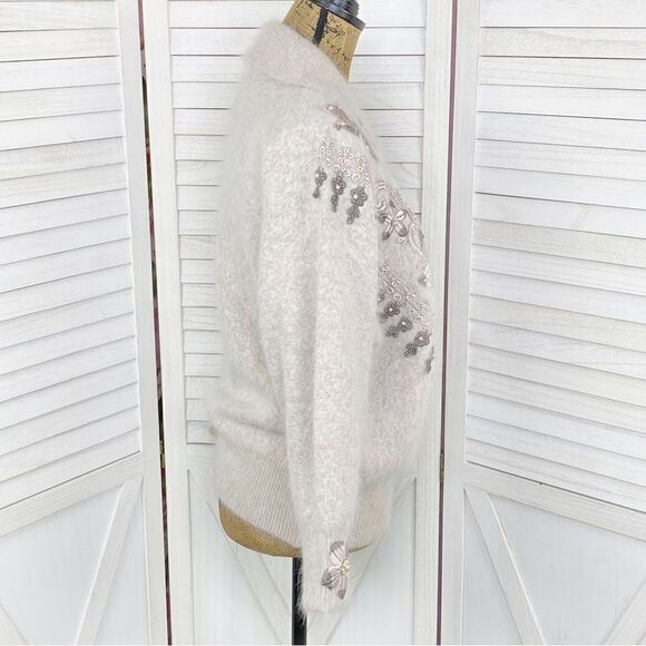 Vintage Su Lim Floral Embroidered Angora Sweater Taupe Pearl Embellished PM - Picture 3 of 13
